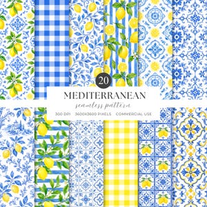 Op de afbeelding: Een collectie van 20 naadloze digitale patronen met blauw-witte mediterrane tegelmotieven, gele citroenillustraties, blauwe gingham ruiten en blauwe strepen. De tekst luidt 20 MEDITERRANEAN seamless pattern 300 DPI 3600X3600 PIXELS COMMERCIAL USE.