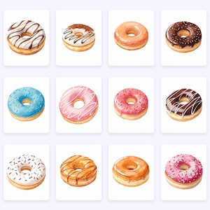 Puede incluir: Un conjunto de diez ilustraciones de acuarela de donuts con varios ingredientes, incluyendo chocolate, chispas y glaseado.
