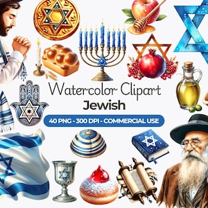 Clipart juif aquarelle, Hanukkah, étoile de David, Menorah, Torah, Happy Hanukkah PNG, usage Commercial
