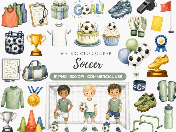 Watercolor Soccer Clipart, Football PNG Bundle, Sports Sublimation, Boys Birthday Graphics, Goal, Trophy, Shoes