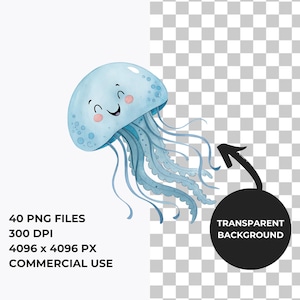 May include: A blue cartoon jellyfish with a smiling face and pink cheeks. The jellyfish has long, flowing tentacles.