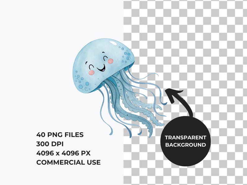 May include: A blue cartoon jellyfish with a smiling face and pink cheeks. The jellyfish has long, flowing tentacles.