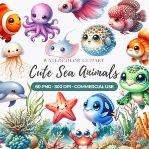 Imágenes prediseñadas de animales marinos lindos, guardería oceánica PNG (uso comercial)