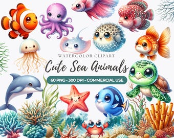 Cute Sea Animals Clipart, Ocean Nursery PNG (Commercial Use)
