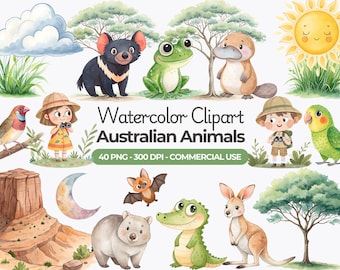 Australian Animals Watercolor Clipart, Aussie Wildlife PNG (Commercial Use)