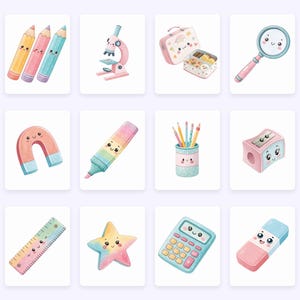 May include: A set of watercolour illustrations of stationery items. The image includes pencils, a microscope, a lunchbox, a magnifying glass, a magnet, a highlighter, a pencil pot, a pencil sharpener, a ruler, a star, a calculator, and an eraser.