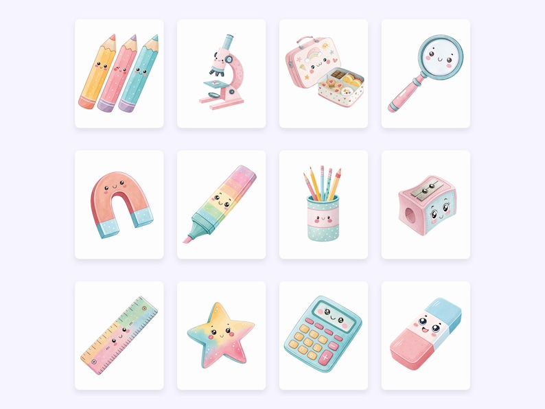 May include: A set of watercolour illustrations of stationery items. The image includes pencils, a microscope, a lunchbox, a magnifying glass, a magnet, a highlighter, a pencil pot, a pencil sharpener, a ruler, a star, a calculator, and an eraser.