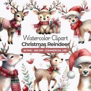Clipart di renne di Natale ad acquerello, cervi di Natale, PNG di renne di Babbo Natale ad acquerello, clipart di Natale, biglietti di Natale, uso commerciale
