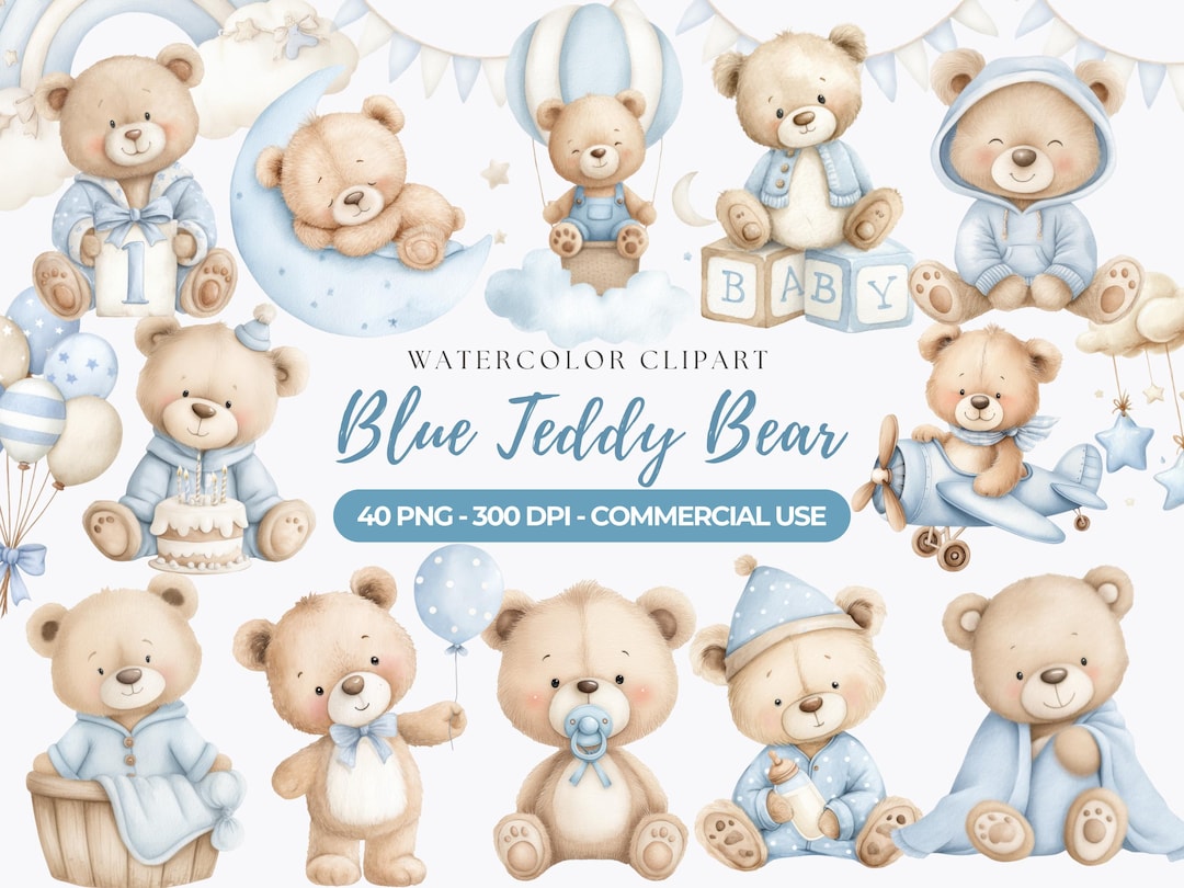 Watercolor Teddy Bear Clipart, Blue Baby Boy Nursery PNG, Baby Shower ...