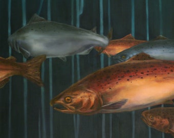 Salmón chinook de los ríos de California, impresión de 10x5 " de pintura al óleo, arte ambiental de especies en peligro de extinción
