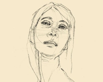 Boceto de retrato de mujer, impresión de 7x5" de dibujo original a lápiz, arte figurativo