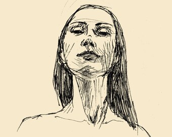 Portrait sketch of woman, upturned face, 7x5” print of original pen and ink drawing, figurative art