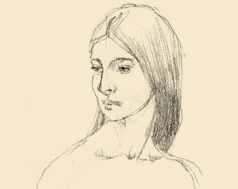 Portrait sketch of woman, turning face, 7x5” print of original pencil drawing, figurative art