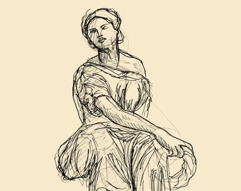 Estatua en estilo griego, impresión de 7x5" de dibujo original a pluma y tinta, arte figurativo
