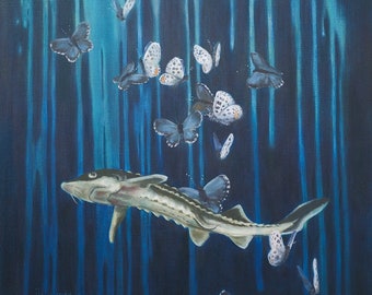 Sturgeon and butterflies of California rivers, 7.5x7.5” print of oil painting, environmental art of endangered species