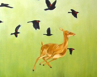 Deer and blackbirds, 10x5” print of oil painting, environmental art