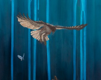 Hawk, turtles and butterflies of California rivers, 10x5” print of oil painting, environmental art of endangered species