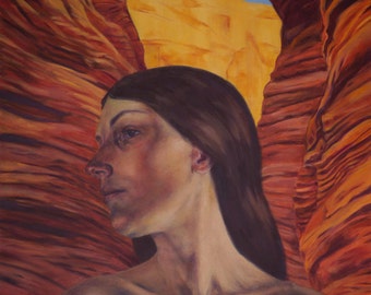 Retrato de mujer en el desierto rocoso, impresión de 9x7.5" de pintura al óleo original, arte figurativo desnudo y paisaje