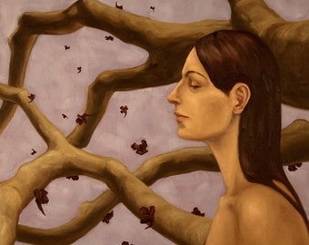 Portrait of woman with tree branches flowers, 7.5x7.5” print of original oil painting, figurative art nude