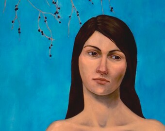 Portrait of woman with eucalyptus, 9x7.5” print of original oil painting, figurative art nude and blue landscape
