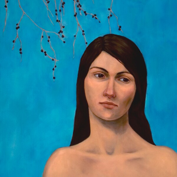 Portrait of woman with eucalyptus, 9x7.5” print of original oil painting, figurative art nude and blue landscape