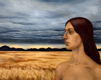 Retrato de mujer con llanuras tormentosas, impresión de 6.8x10" de pintura al óleo original, arte figurativo desnudo y paisaje