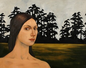 Retrato de mujer en prado forestal, impresión de 7.2x10" de pintura al óleo original, arte figurativo desnudo y paisaje