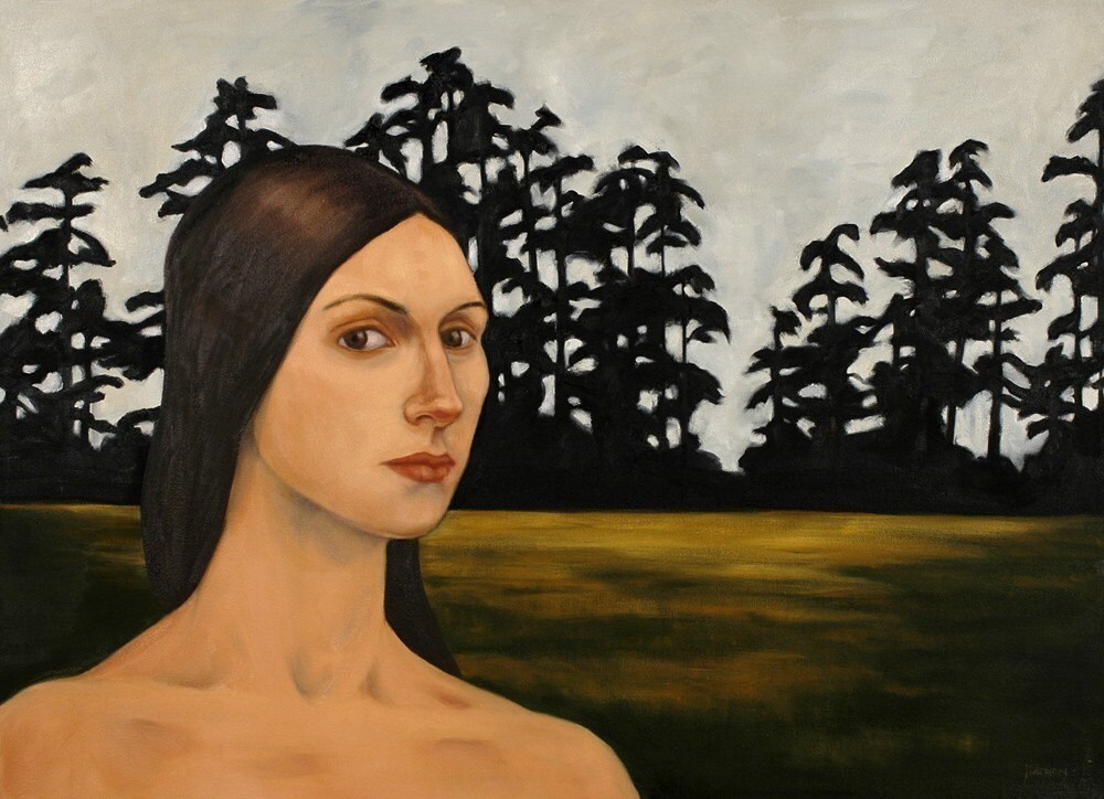 figurative art nude and landscape Portrait of woman in forest meadow 7.2x10” print of original oil painting