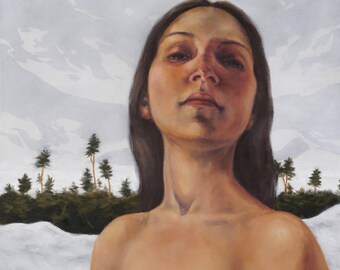 Retrato de mujer con bosque cubierto de nieve, impresión de 7.5x7.5" de pintura al óleo original, arte figurativo desnudo y paisaje