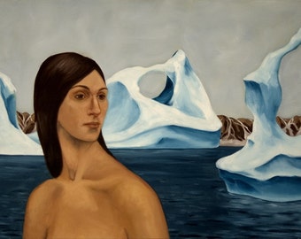 Portrait of woman with icebergs, 7.5x10” print of original oil painting, figurative art nude and landscape