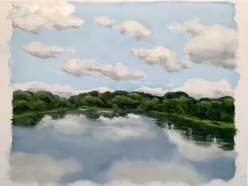 Original Oil Painting, River Art, 7.9 x 9.75, Landscape Painting, Nature Art, Tropical Wall Art, Skies Painting, Clouds Artwork image 2