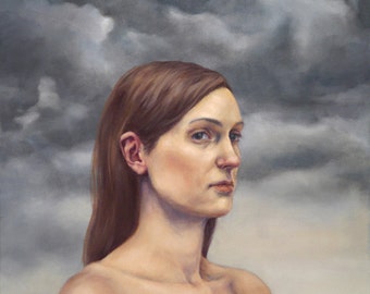 Portrait of woman with storm clouds, 10x7.8” print of original oil painting, figurative art nude and landscape