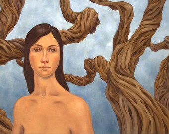 Portrait of woman with tea tree, 6x10” print of original oil painting, figurative art nude and blue landscape