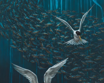 Peces y aves de los ríos de California, impresión de pintura al óleo, múltiples tamaños, arte ambiental de especies en peligro de extinción