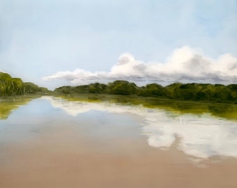 Pintura al óleo original, arte del río, arte de la pared tropical, 8,25 x 9,75", pintura de paisaje, arte de la naturaleza, pintura de cielos, obras de arte de nubes