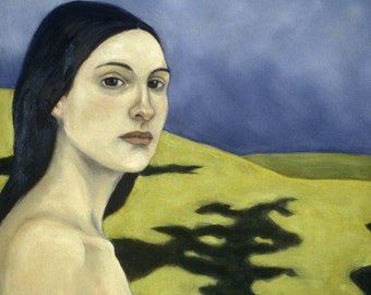 Portrait of woman with cast shadow, 7.5x7.5” print of original oil painting, figurative art nude and green landscape