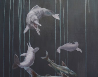 Amazon river dolphin and catfish, 10x6.5" print of oil painting, environmental art