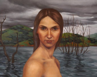 Retrato de mujer en el lago, impresión de 6.7x10" de pintura al óleo original, arte figurativo desnudo y paisaje