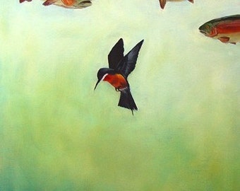 Trout and bee-eater bird, 10x5” print of oil painting, environmental art