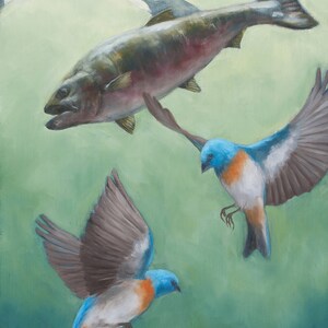 Chinook salmon and orcas of Puget Sound, 10x5” print of oil painting, environmental art of endangered species in the Pacific Northwest