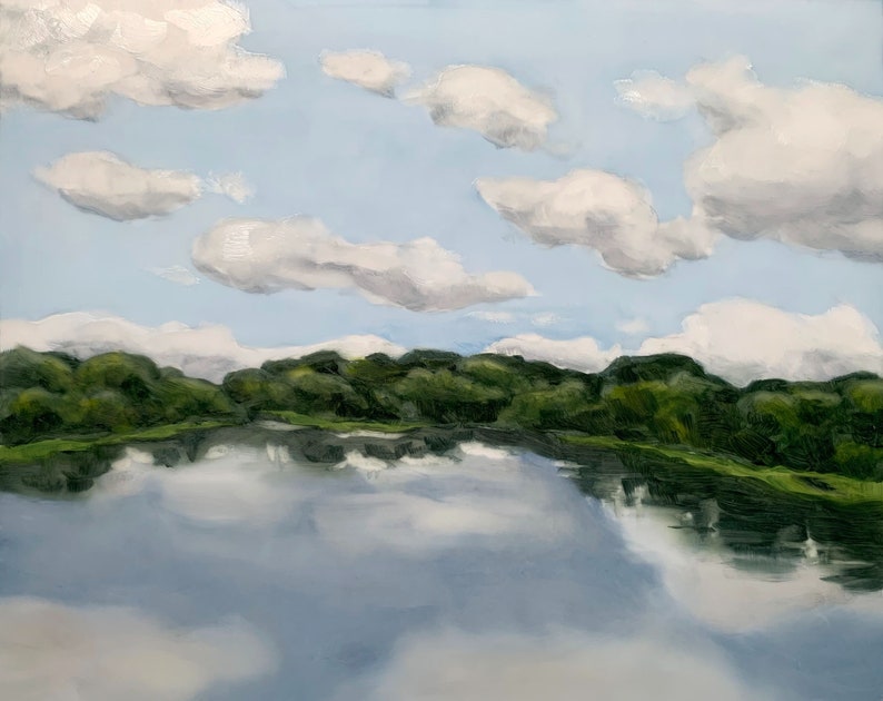 Original Oil Painting, River Art, 7.9 x 9.75, Landscape Painting, Nature Art, Tropical Wall Art, Skies Painting, Clouds Artwork image 1