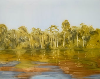Pintura al óleo original, arte del río, arte de la pared tropical, 7,9 x 9,75", pintura de paisaje, arte de la naturaleza, pintura de árboles, obras de arte de reflejos de agua