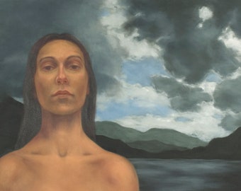 Portrait of woman with Irish landscape, 5x10” print of original oil painting, figurative art nude and landscape