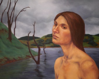 Portrait of woman at lake edge, 7x10” print of original oil painting, figurative art nude and landscape