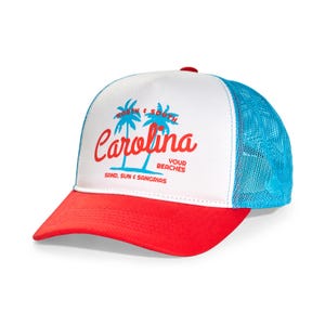 May include: A white and blue trucker hat with a red bill. The hat has a graphic of palm trees and the text "North & South Carolina Your Beaches Sand, Sun & Sangrias".