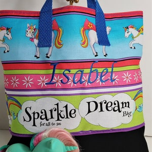 Cabas enfant licornes scintillant et rêveur / Cabas d'école / Cartable de voyage / Sac de voyage / Nom de l'enfant brodé