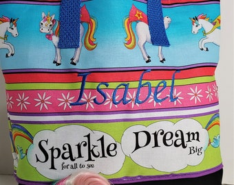 Unicorns Sparkle and Dream Child Tote / School Tote / Book Travel Bag / Overnight Bag / Embroidered with Childs name