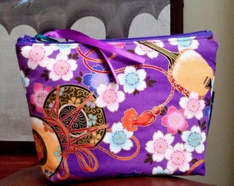 Make Up Pouch Asian Music in the Garden, Purple, Wristlet, Cell Phone Bag, Cosmetic Organizer, Ready to Ship