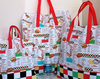 Large Tote Shopping Bag Retro Diner Lunch Counter Menu / Lunch / Market / Grocery Tote /Retro