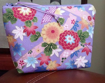 Asian Floral Make Up Pouch / Wristlet / Cell Phone Bag / Organizer Ready To Ship
